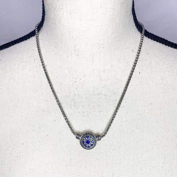 Silver Necklace Blue Crystal Round Decorative Pendant 18” Adjusts - Picture 1 of 4